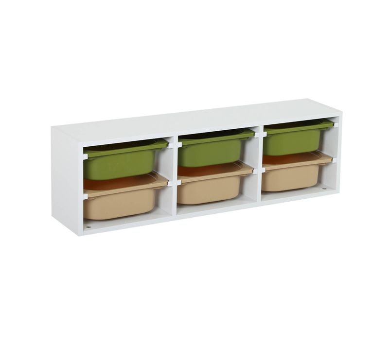 Meuble De Rangement Pour Enfant. 6 Bacs En Plastique Vert Olive Taupe - Sora