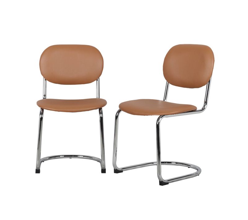 Lot De 2 Chaises Cantilever Arrondie Métal. Simili Marron Et Pieds Chromés - L 47 X P 54.5 X H