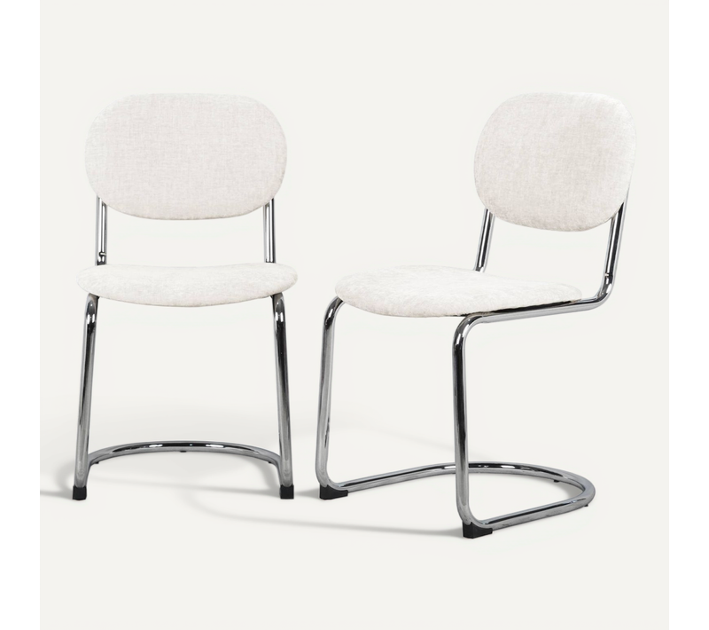 Lot De 2 Chaises Cantilever Arrondie Métal. Tissu Chenille Beige Et Pieds Chromés - L 47 X P 54.5 X