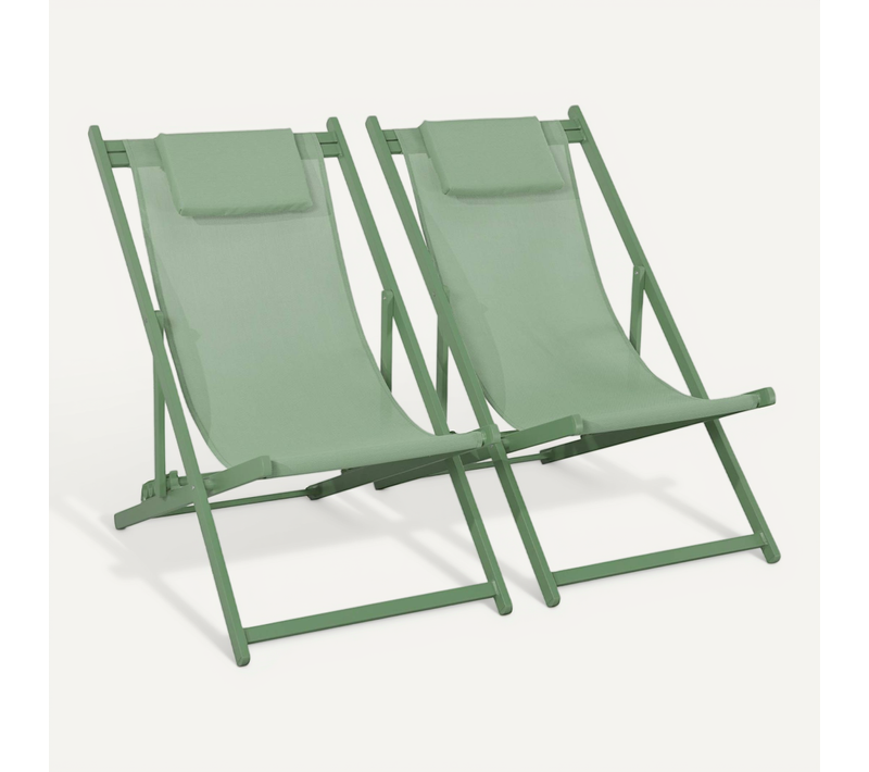 Lot De 2 Bains De Soleil - Gaia Vert - Transat En Aluminium Gris Anthracite Et Textilene Vert