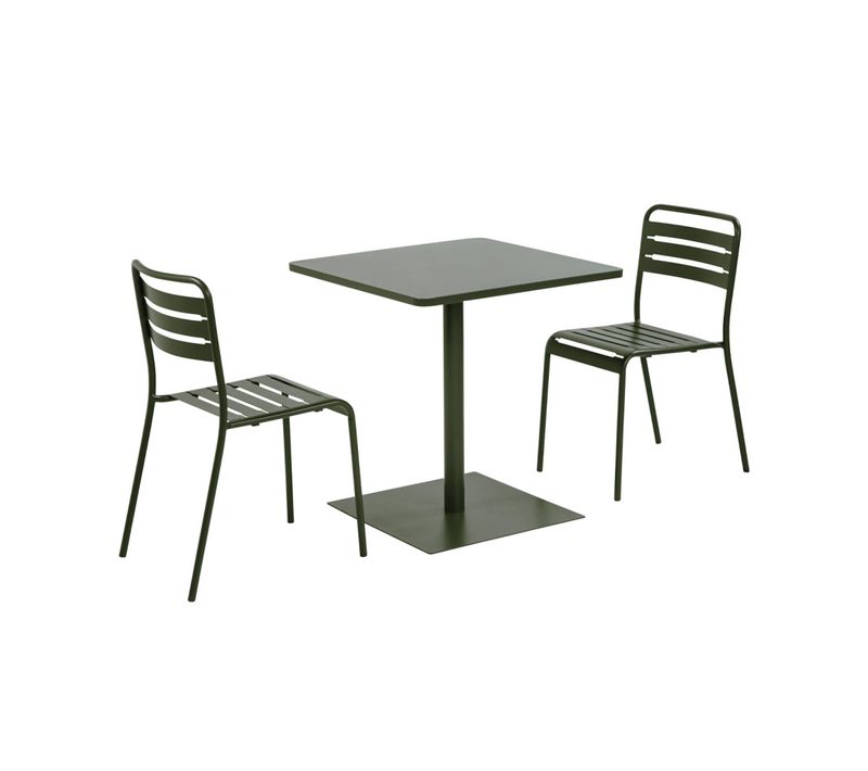 Table De Jardin Bistrot Carré Acier + 2 Assises 70 Cm Kaki - Orea + Amélia