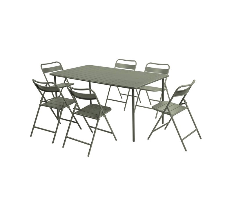 Table De Jardin Métal + 6 Assises Kaki. Amelia 160 X 90 X H 72.5cm