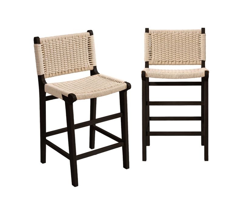 Lot De 2 Tabourets De Bar En Bois D'hévéa Noir Et Assise En Cordes Beiges