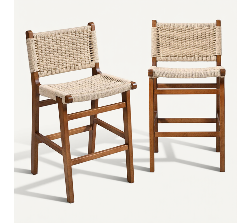 Lot De 2 Tabourets De Bar En Bois D'hévéa Effet Noyer Et Assise En Cordes Beiges