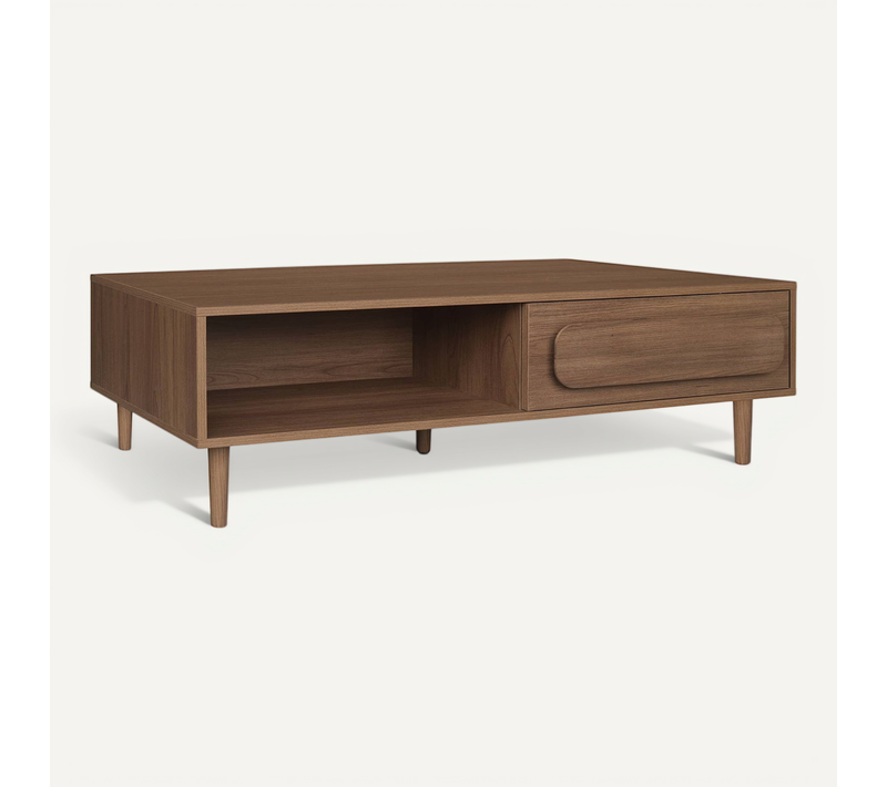 Table Basse Vintage Décor Bois De Noyer 1 Tiroir 2 Niches 120cm - Juliana