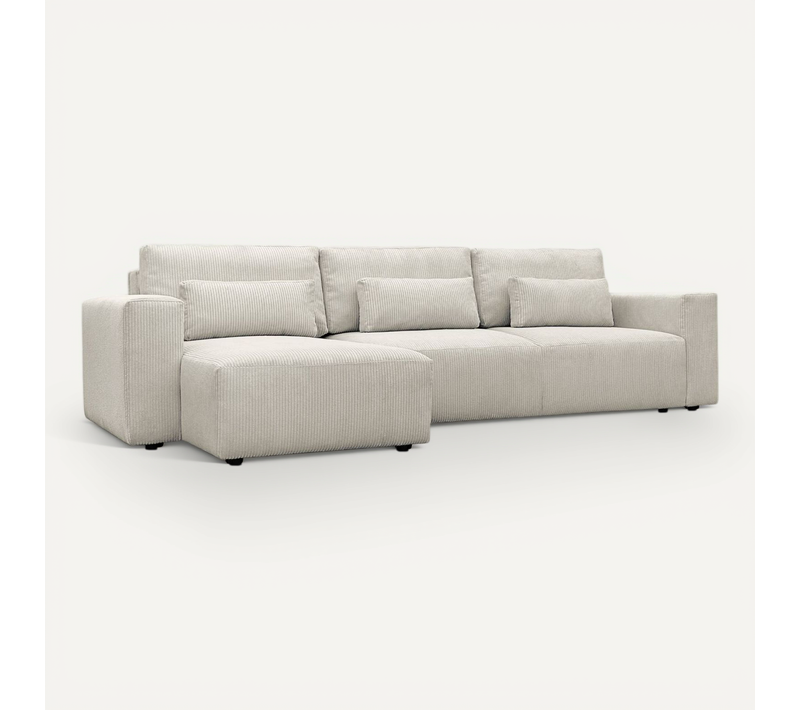 Canapé D'angle Convertible Réversible 5 Places Velours Côtelé Beige Avec Coffre De Rangement -Theo