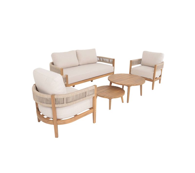 Salon De Jardin Bois D'acacia Et Cordes Beige 4 Places. Tables Rondes - Samos