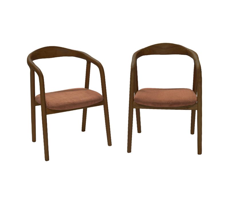 Lot De 2 Fauteuils Vintage Bois D'hévéa Noyer Et Velours Côtelé Terracotta - L 55 X P 58 X H 79 Cm