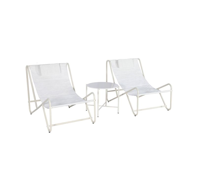 Set De 2 Fauteuils Relax Beige Avec Table Ronde. Acier Et Textilène - Salina