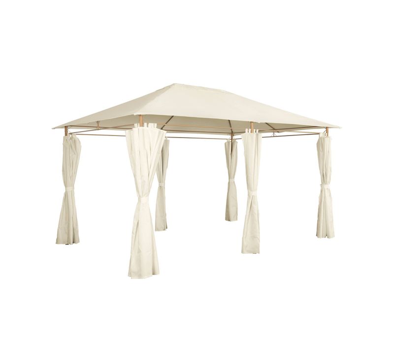 Tonnelle 3x4 M - Divio - Imitation Bois. Toile Écru - Pergola Avec Rideaux. Tente De Jardin.