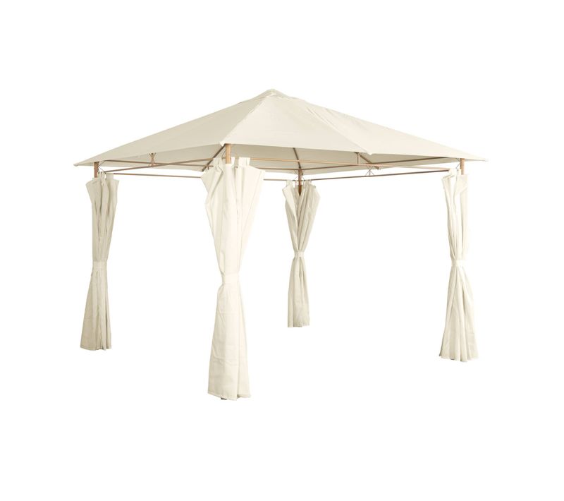 Tonnelle 3x3 M - Elusa -  Imitation Bois. Toile Écru - Pergola Avec Rideaux. Tente De Jardin.