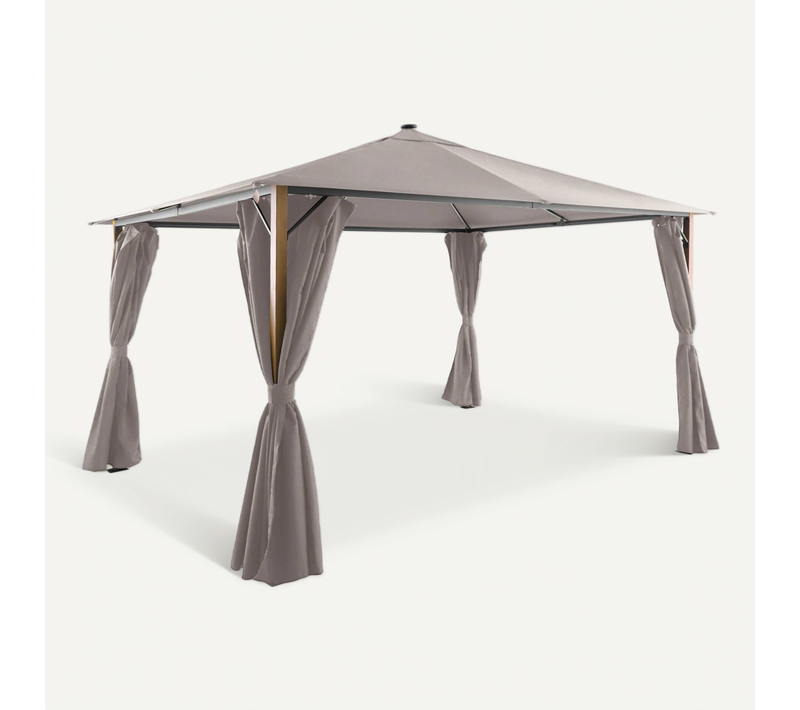 Tonnelle 4x3m Aluminium Effet Bois Avec Rideaux Et LED Beige - Veluna