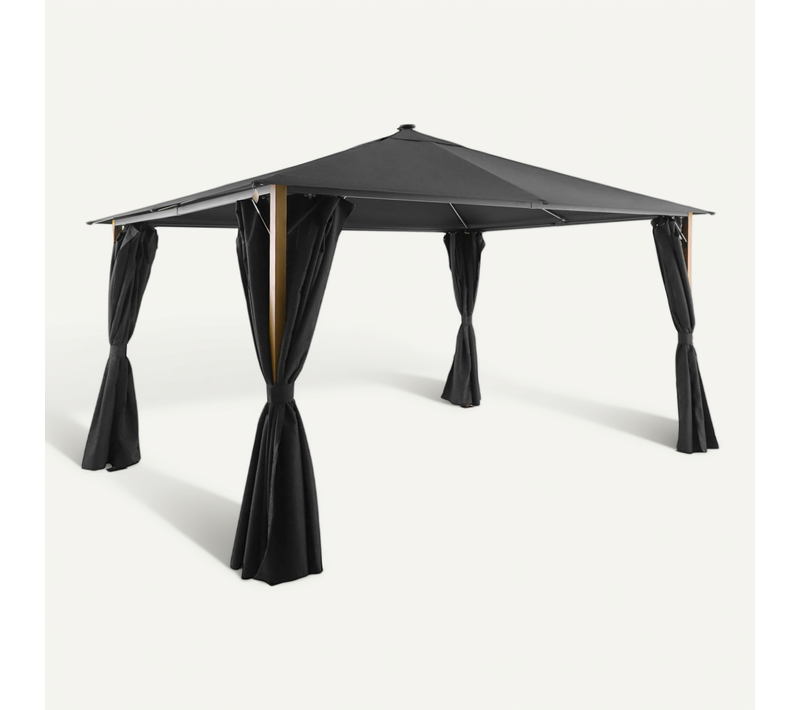 Tonnelle 4x3m Aluminium Effet Bois Avec Rideaux Et LED Anthracite - Veluna