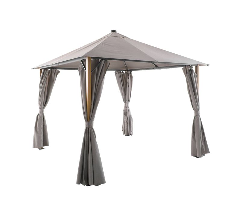 Tonnelle 3x3m Aluminium Effet Bois Avec Rideaux Et LED Beige - Veluna