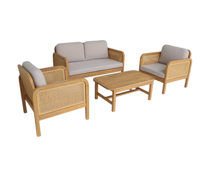Salon De Jardin Bois D'acacia Et Cannage 4 Places Naturel - Canna
