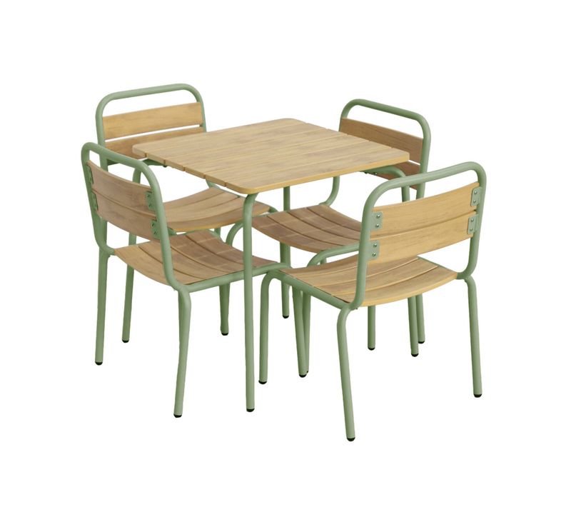 Table De Jardin Enfant Acier Et Décor Bois + 4 Assises Vert De Gris - Suzie