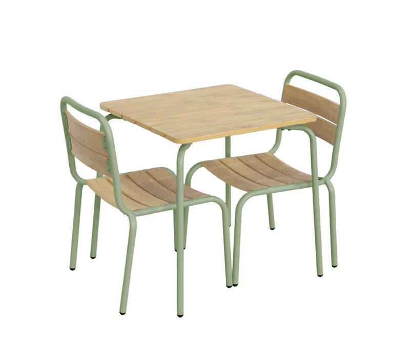 Table De Jardin Enfant Acier Et Décor Bois + 2 Assises Vert De Gris - Suzie