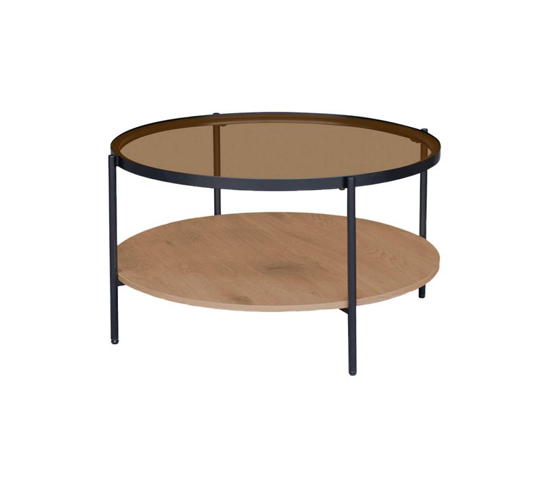 Table Basse Ronde Double Plateau Verre. Décor Bois Et Métal - Smooky