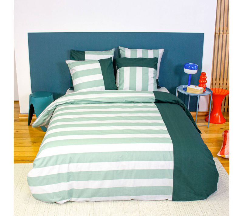 Parure De Lit Coton Motifs Rayures 2 Places Blanc Et Vert 260 X 240cm - Tendora