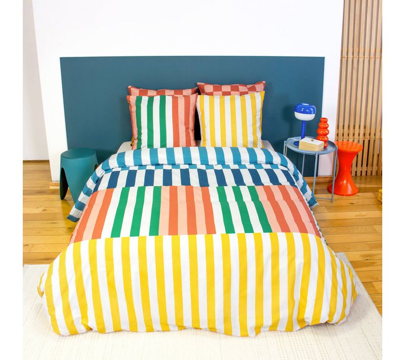 Parure De Lit Coton Motifs Rayures Multicolore 2 Places 260 X 240cm - Aura