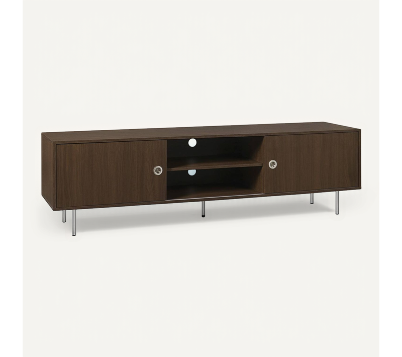 Meuble TV Vintage Décor Bois Et Acier Inoxydable 2 Portes Coulissantes 180cm Noyer - Shelby