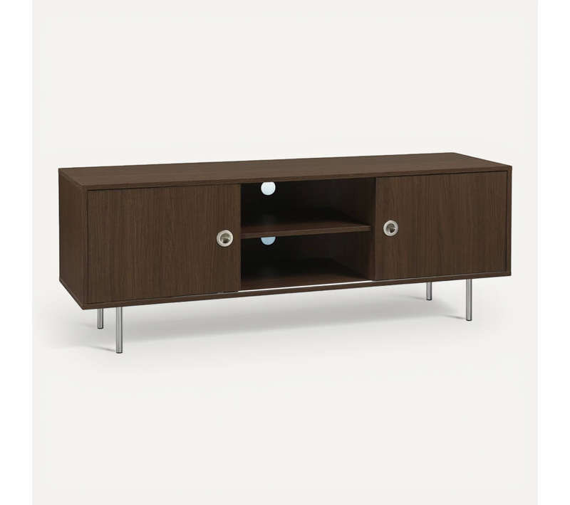 Meuble TV Vintage Décor Bois Et Acier Inoxydable 2 Portes Coulissantes 140cm Noyer - Shelby