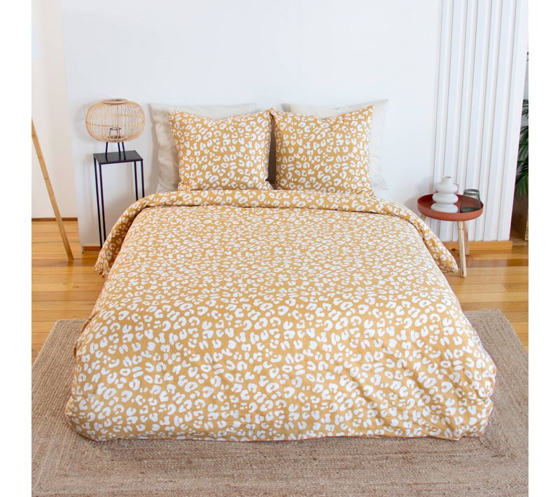 Parure De Lit Coton Réversible 2 Places Imprimé Léopard Jaune 260x240cm - Juliette