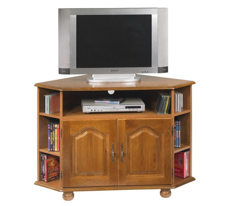 Meuble TV D'angle 42 Pouces Chêne 7 Niches 2 Portes L 114 H 77 P 77 Cm