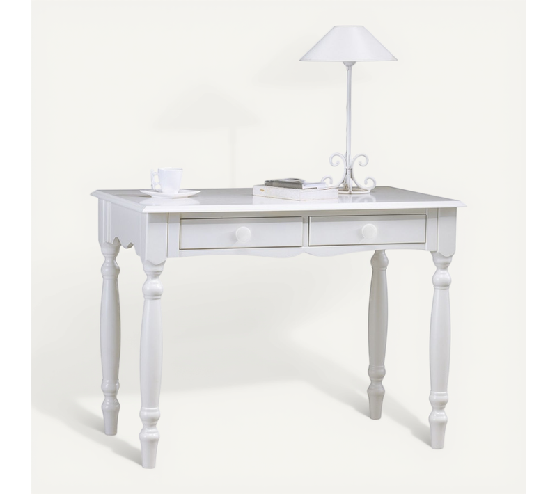 Bureau Blanc 2 Tiroirs Style Anglais Pieds Tournées L 100 H 74.3 P 56.4 Cm