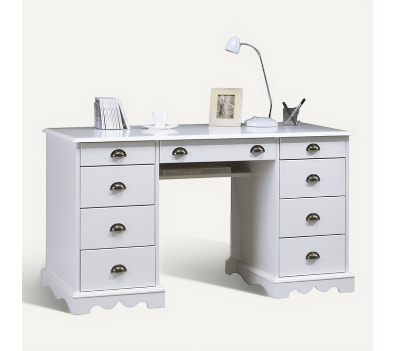 Bureau 2 Caissons Blanc 9 Tiroirs De Style Anglais L 137.5 H 74.7 P 58.3 Cm