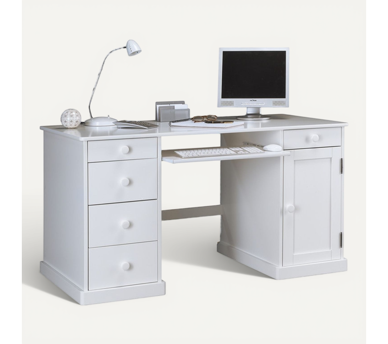 Bureau Informatique Blanc 1 Porte 5 Tiroirs Style Anglais L 141 H 77 P 70 Cm