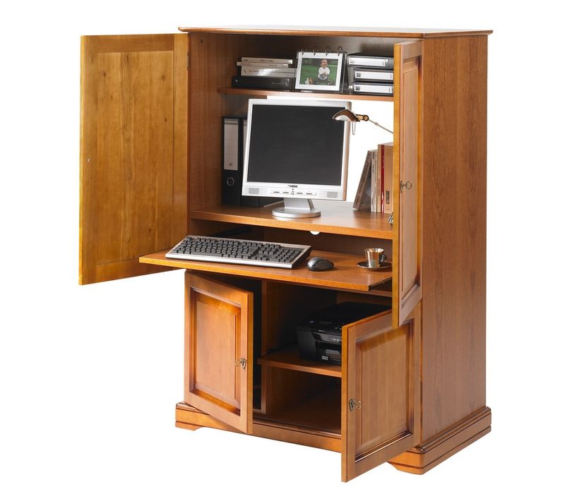 Armoire Informatique Merisier 4 Portes 7 Niches L 97 H 141 P 54 Cm