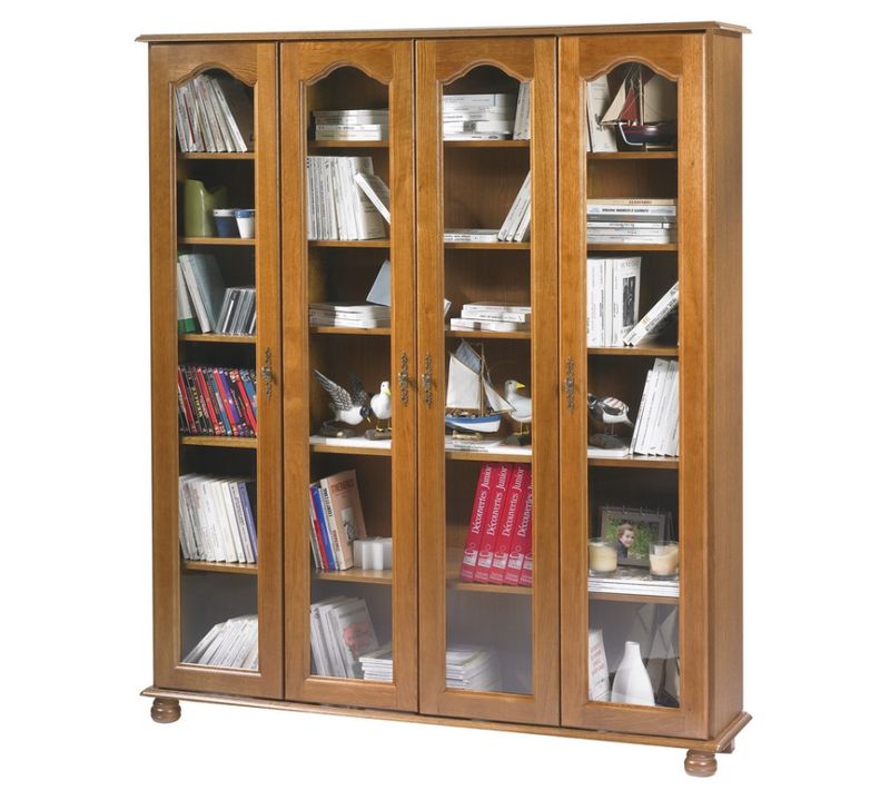 Vitrine Bibliothèque Chêne 4 Portes Vitrées 18 Niches L 158.8 H 182.2 P 33 Cm