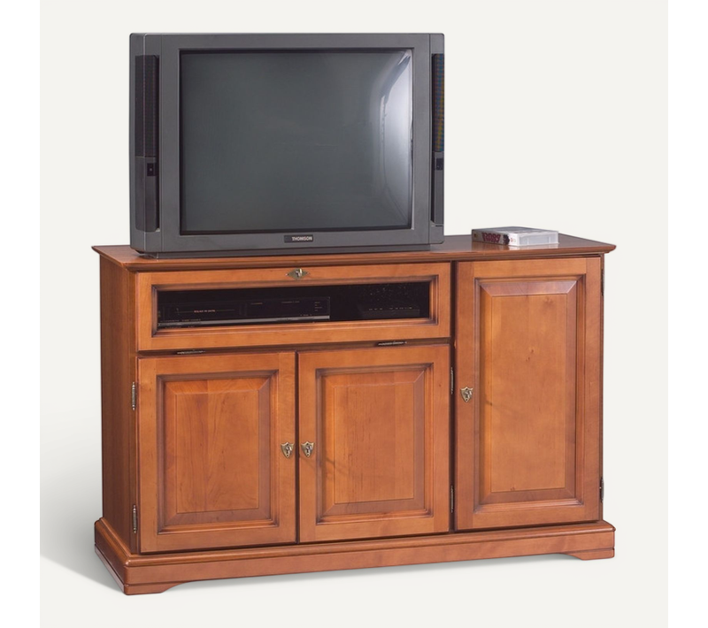 Meuble TV 55 Pouces Merisier 3 Portes 1 Abattant Vitré L 120.5 H 77 P 46.5 Cm