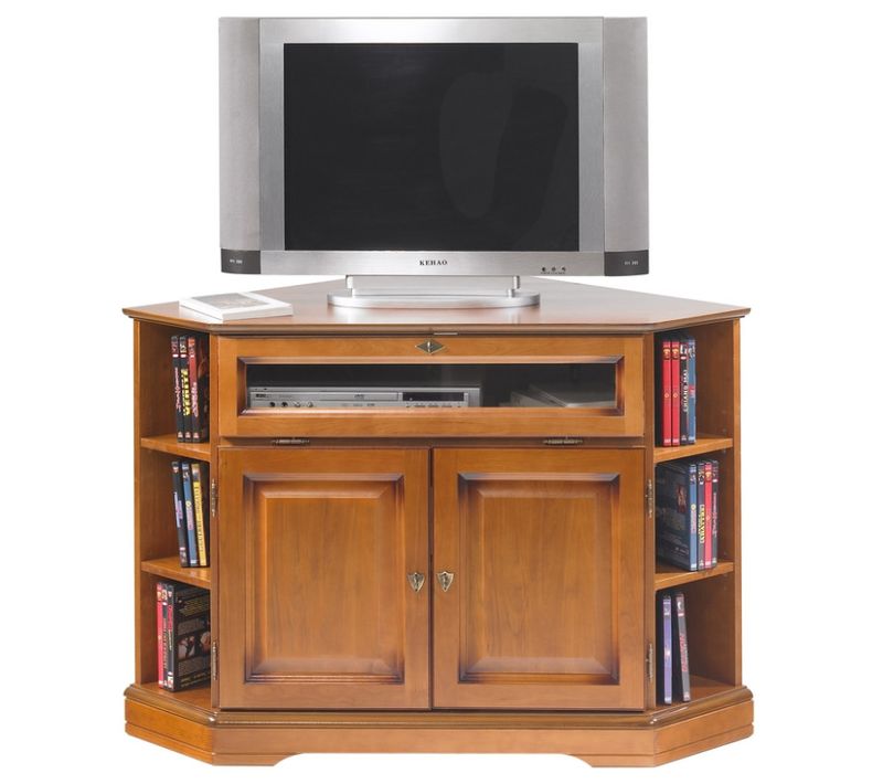 Meuble TV D'angle 42 Pouces Merisier 9 Niches 2 Portes L 114 H 77 P 77 Cm