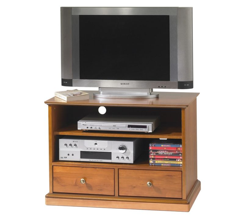 Meuble TV 32 Pouces Merisier 2 Tiroirs 2 Niches Roulettes L 82.4 H 58.7 P 46.5 Cm