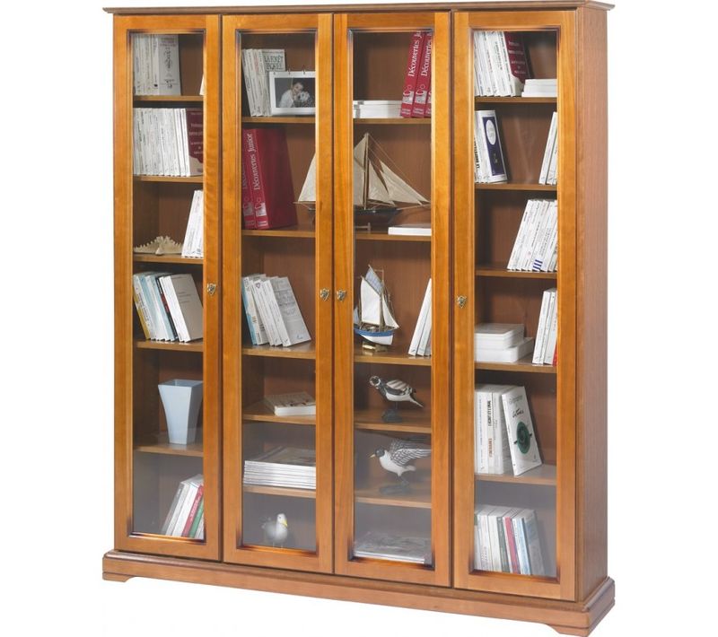Bibliothèque 4 Portes Vitrées Merisier 18 Niches L 158.8 H 182.2 P 33 Cm