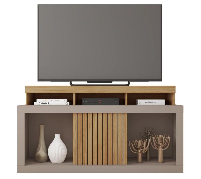 Meuble TV 55 Pouces Chêne Et Gris 1 Porte 6 Roulettes L 136 H 74 P 39 Cm