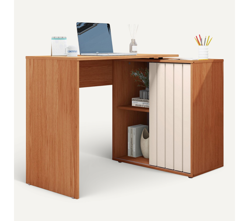 Bureau D'angle Miel Et Blanc Armoirette 1 Porte 3 Niches L 139.9 H 75 P 45.1 Cm