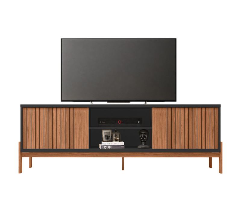 Meuble TV 72 Pouces Chêne Et Noir 2 Portes 4 Niches L 180.6 H 62.6 P 36 Cm