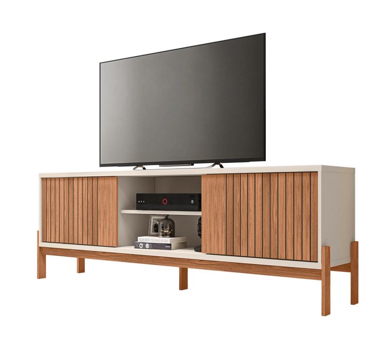 Meuble TV 72 Pouces Chêne Et Blanc 2 Portes 4 Niches L 180.6 H 62.6 P 36 Cm