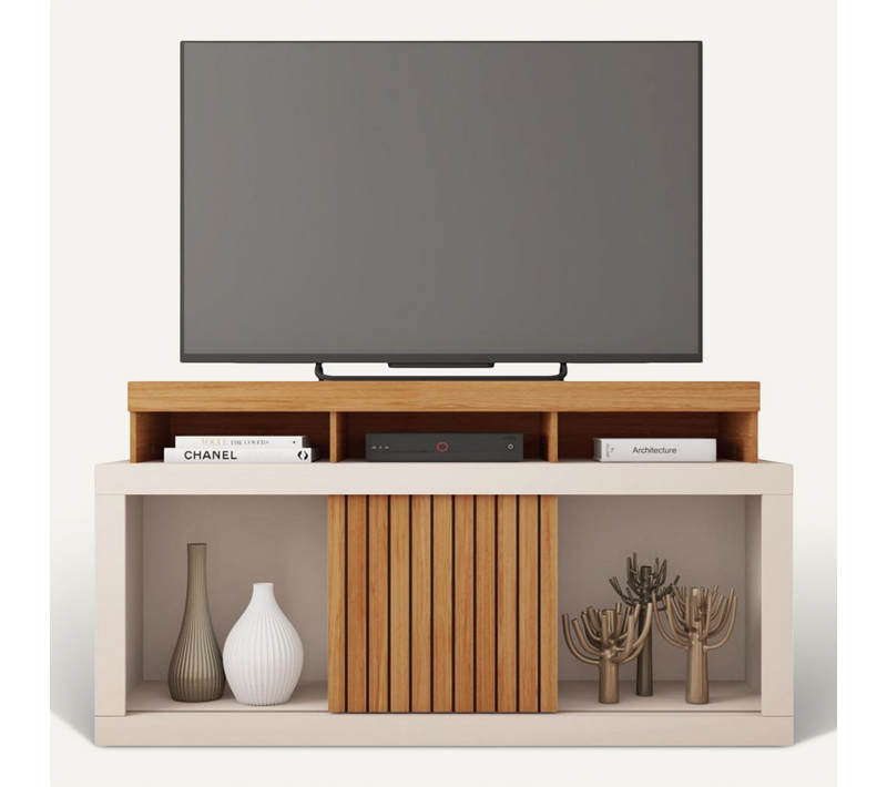 Meuble TV 55 Pouces Chêne Et Blanc Ecru 1 Porte 6 Roulettes L 136 H 74 P 39 Cm