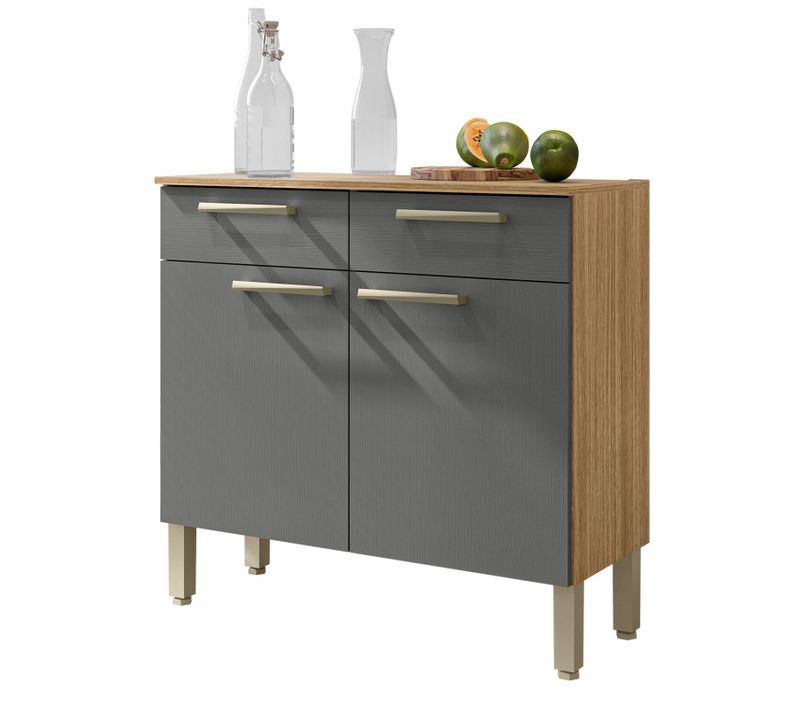 Buffet Bas Meuble Cuisine 2 Portes 2 Tiroirs Chêne Et Gris L 90.9 H 86 P 36.3 Cm