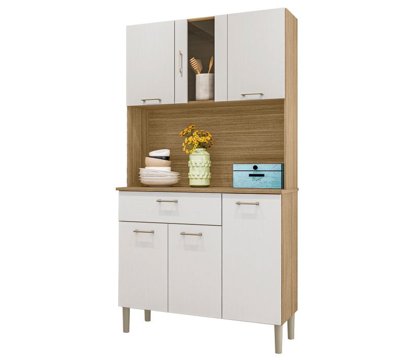 Buffet De Cuisine 6 Portes 1 Tiroir Chêne Et Blanc 5 Niches L92 H170.5 P36.3 Cm