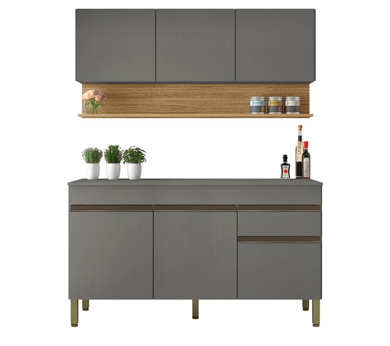 Cuisine Equipée 6 Portes 1 Tiroir Chêne Et Gris 7 Niches L 120 H 200 P 53.3 Cm