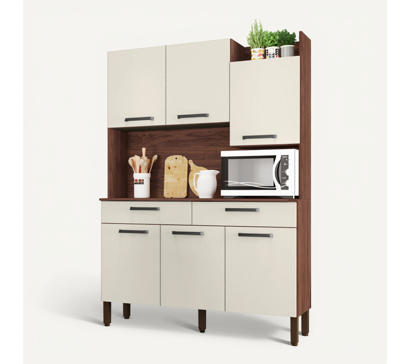 Buffet De Cuisine 6 Portes 2 Tiroirs Noyer Blanc 10 Niches L 132 H 186 P 38.8 Cm
