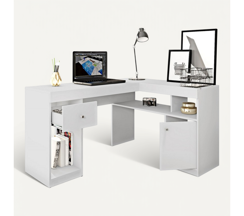Bureau D'angle Blanc Avec Caisson Et Rangements L 137.2 H 75.5 P 111.6 Cm