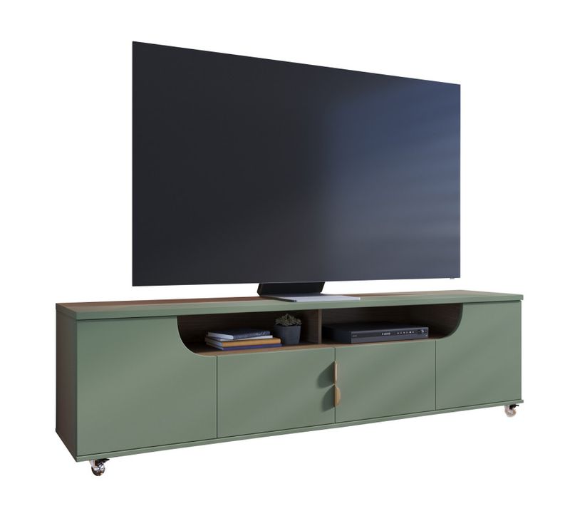 Meuble TV 75 Pouces Veret Olive Et Chêne 4 Portes 8 Niches Roulettes L 200 H 55 P 38 Cm