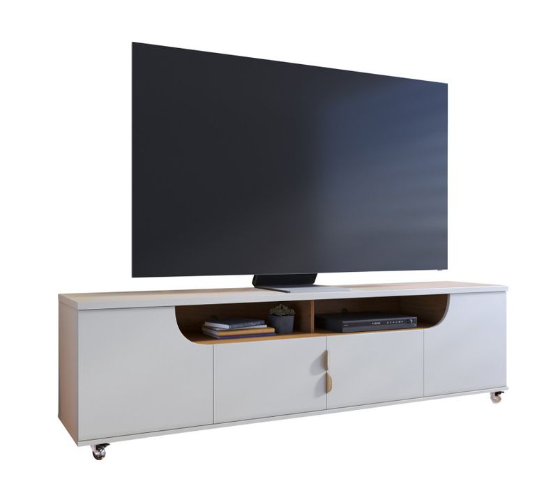 Meuble TV 75 Pouces Blanc Grisé Et Chêne 4 Portes 8 Niches Roulettes L 200 H 55 P 38 Cm
