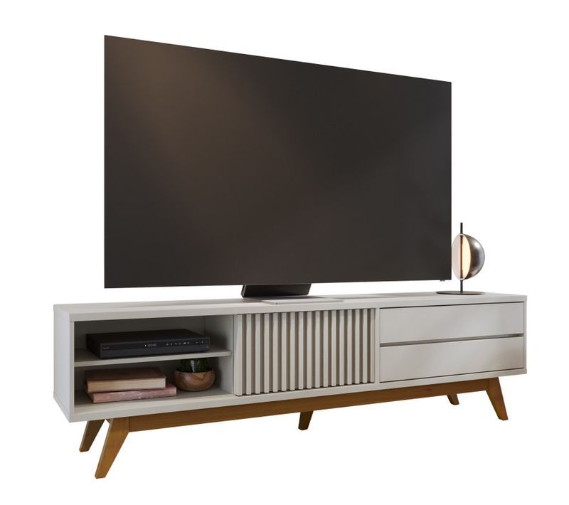 Meuble TV 75 Pouces Blanc Pieds Bois 1 Porte 2 Tiroirs 3 Niches L 200 H 55.2 P 37.7 Cm